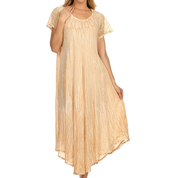 Sakkas Faye Cap Sleeved Cotton Caftan Cover Up Dress - Natural - One Size Regular