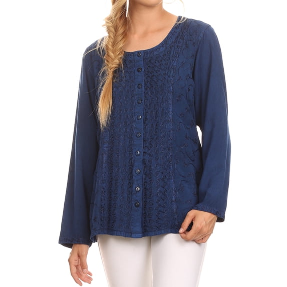 Sakkas Fedella Deep Scoop Neck Long Sleeve Blouse Top With Adjustable Back Straps - Denim Blue - S/M