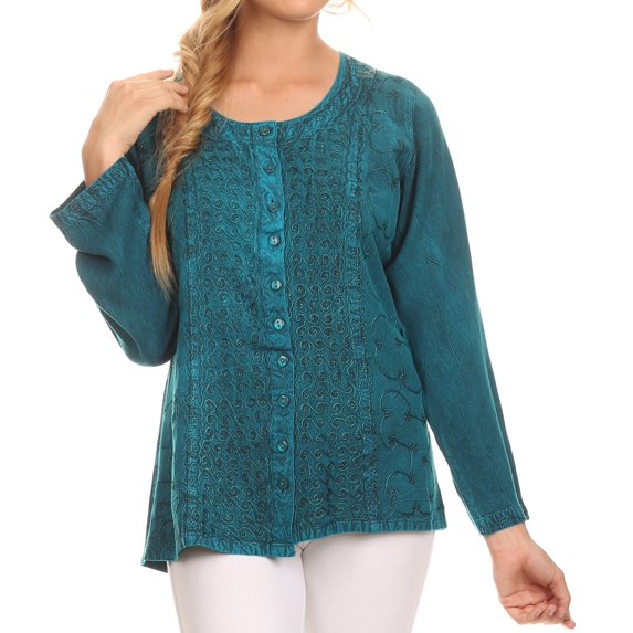 Sakkas Fedella Deep Scoop Neck Long Sleeve Blouse Top With Adjustable Back Straps - Turquoise - S/M