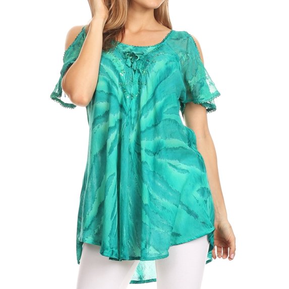 Sakkas Filipa Womens Cold Shoulder Top Blouse Tie-dye with Corset and Embroidery - SeaGreen - Plus Size