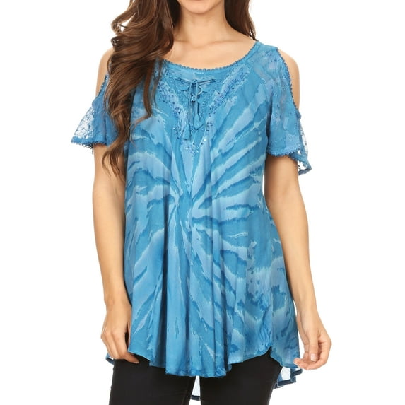 Sakkas Filipa Womens Cold Shoulder Top Blouse Tie-dye with Corset and Embroidery - Sky Blue - One Size