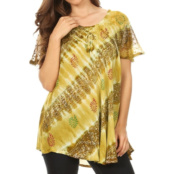 Sakkas Flavia Womens Everyday Blouse Top with Tie-dye & Block Print Light and Soft - Avocado - One Size