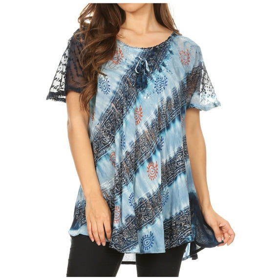 Sakkas Flavia Womens Everyday Blouse Top with Tie-dye & Block Print Light and Soft - Navy - Plus Size