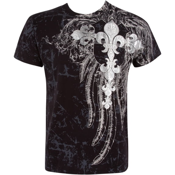 Sakkas Fleur De Lis Cross Metallic Silver Embossed Cotton Mens Fashion T-shirt - Black - 2XL