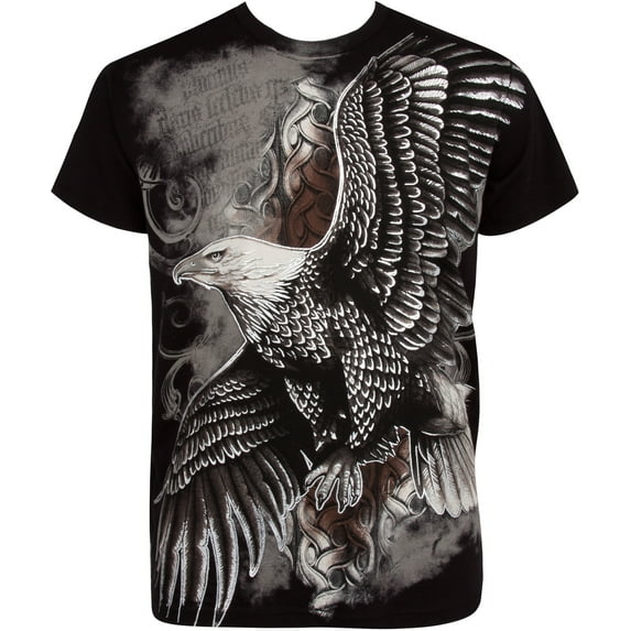 Sakkas Flying Eagle Metallic Silver Embossed Cotton Mens Fashion T-Shirt - Black - XL