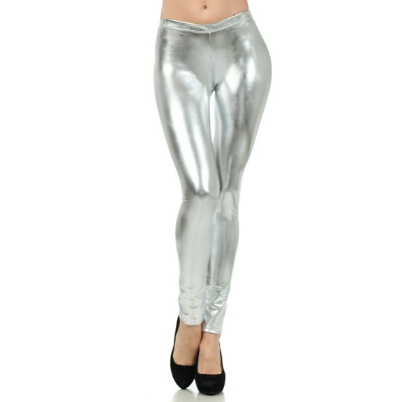 Sakkas Footless Liquid Wet Look Shiny Metallic Stretch Leggings - Silver - XL