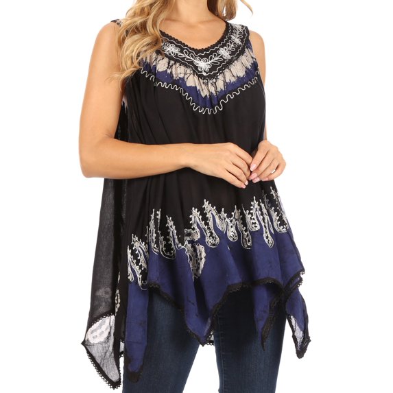 Sakkas Gaia V-neck Sleeveless Tank Top with Embroidery and Handkerchief Hem - Black Blue - One Size
