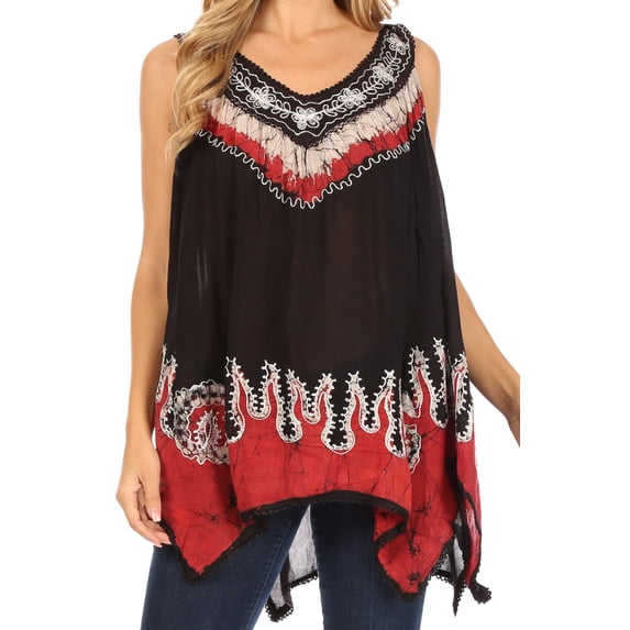 Sakkas Gaia V-neck Sleeveless Tank Top with Embroidery and Handkerchief Hem - Black / Red - One Size