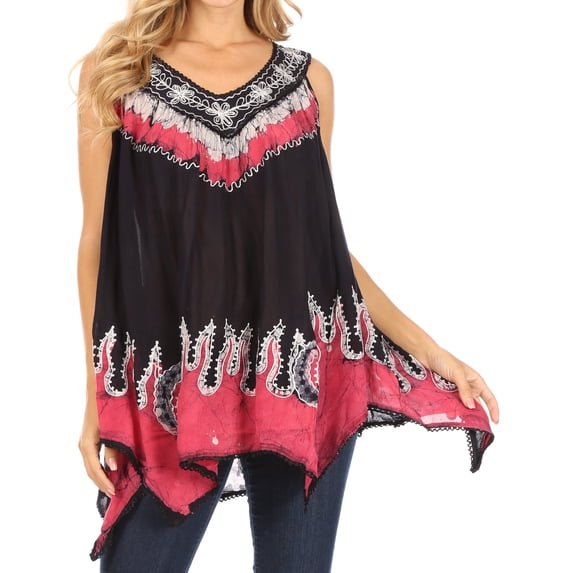 Sakkas Gaia V-neck Sleeveless Tank Top with Embroidery and Handkerchief Hem - Navy / Pink - One Size