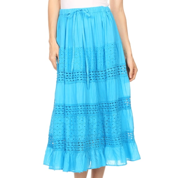 Sakkas Geneva Cotton Eyelet Skirt with Elastic Waistband - Turq - One Size Regular