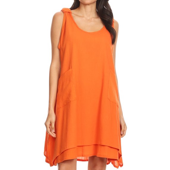 Sakkas Genna Two Layer Sleeveless Ruched Shoulder Straps Round Neck Tent Dress - Orange - One Size Regular