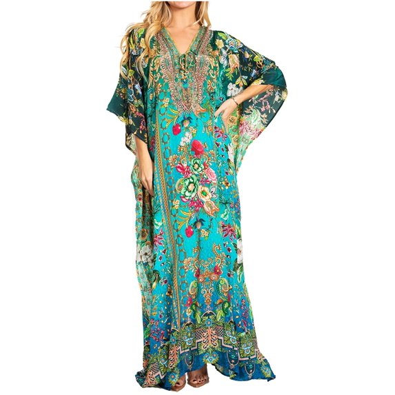 Sakkas Georgettina 2025 Flowy Rhinestone V Neck Long Caftan Dress / Cover Up - 613 - One Size