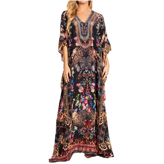 Sakkas Georgettina 2025 Flowy Rhinestone V Neck Long Caftan Dress / Cover Up - 618 - One Size