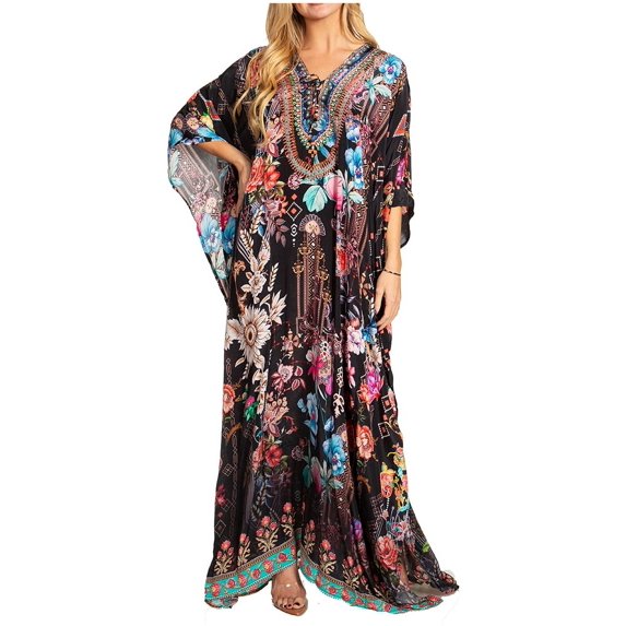 Sakkas Georgettina 2025 Flowy Rhinestone V Neck Long Caftan Dress / Cover Up - 629 - One Size