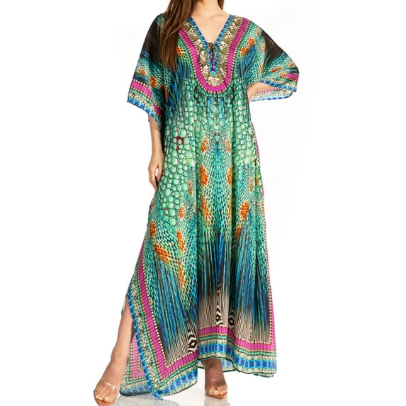 Sakkas Georgettina Flowy Rhinestone V Neck Long Caftan Dress / Cover Up - 17197-TealMulti - One Size
