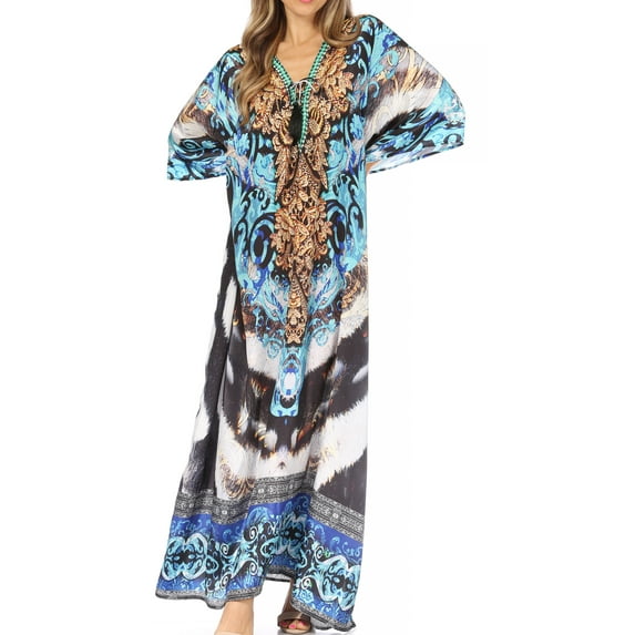 Sakkas Georgettina Flowy Rhinestone V Neck Long Caftan Dress / Cover Up - 17205-TealMulti - One Size