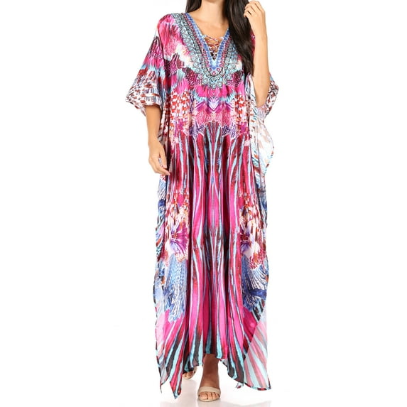 Sakkas Georgettina Flowy Rhinestone V Neck Long Caftan Dress / Cover Up - 444 - One Size