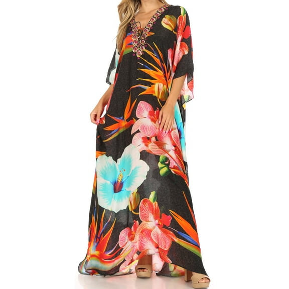 Sakkas Georgettina Flowy Rhinestone V Neck Long Caftan Dress / Cover Up - Black / Multi - One Size