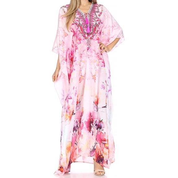 Sakkas Georgettina Flowy Rhinestone V Neck Long Caftan Dress / Cover Up - LM215-Multi - One Size