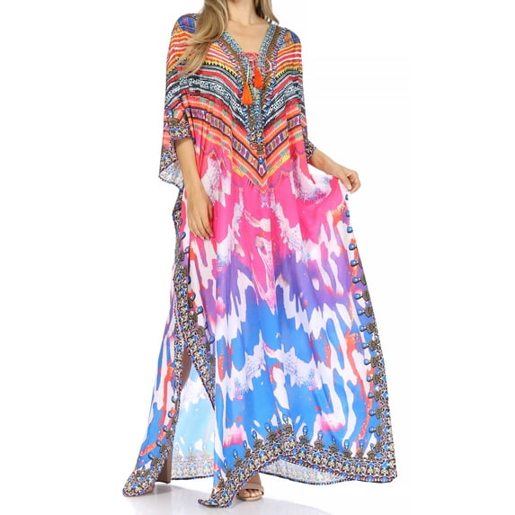 Sakkas Georgettina Flowy Rhinestone V Neck Long Caftan Dress / Cover Up - Pink / Orange - One Size