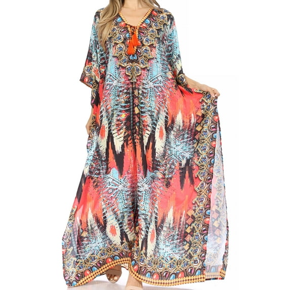 Sakkas Georgettina Flowy Rhinestone V Neck Long Caftan Dress / Cover Up - Red / White / Blue - One Size
