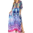 thumbnail image 1 of Sakkas Georgettina Flowy Rhinestone V Neck Long Caftan Dress / Cover Up - Turquosie / Pink - One Size, 1 of 5