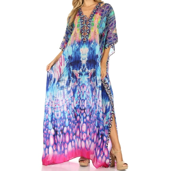 Sakkas Georgettina Flowy Rhinestone V Neck Long Caftan Dress / Cover Up - Turquosie / Pink - One Size