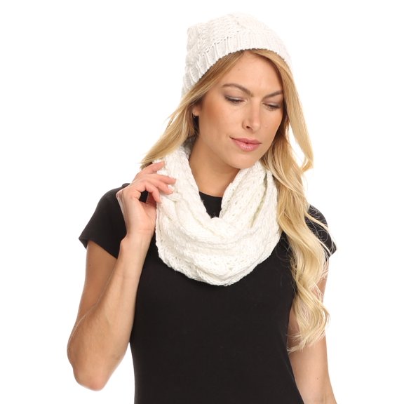 Sakkas Haile Metallic Threaded Woven Classic Hat Beanie And Infinity Scarf Set - White - OS