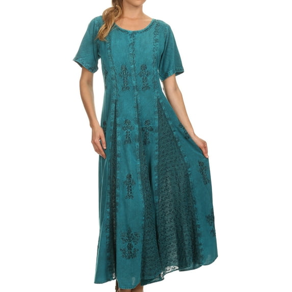 Sakkas Hailey Cap Sleeve Caftan Long Embroidered Stonewashed Dress - Turquoise - L/XL