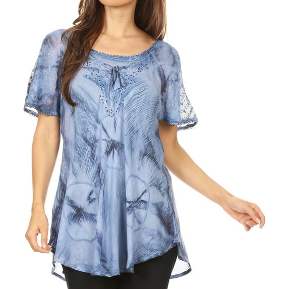 Sakkas Hana Tie Dye Relaxed Fit Embroidery Cap Sleeves Peasant Batik Blouse / Top - Blue - Plus Size