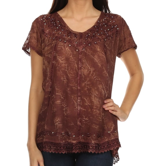 Sakkas Hope Embroidery And Seqiun Accents Summer Blouse - Chocolate - One Size Regular