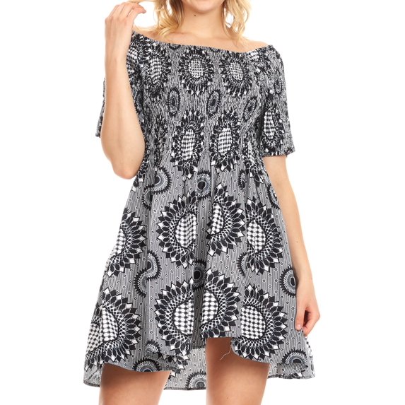 Sakkas Ife Wax African Ankara Colorful Cocktail Short Dress Off-shoulder w/pockets - 26-BlackWhite - One Size Regular