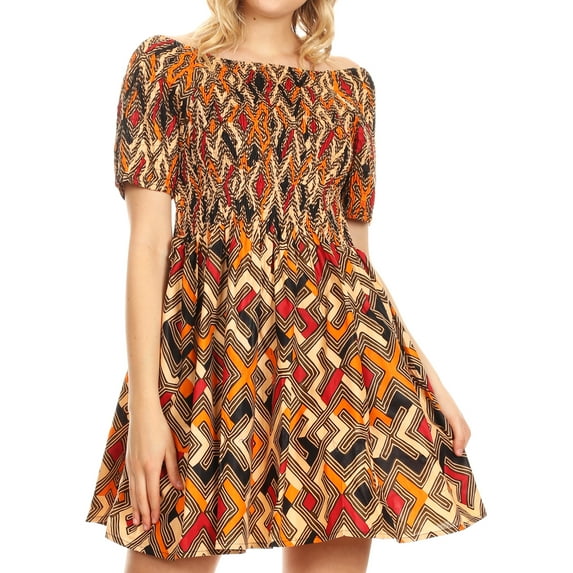 Sakkas Ife Wax African Ankara Colorful Cocktail Short Dress Off-shoulder w/pockets - 27-Multi - One Size Regular