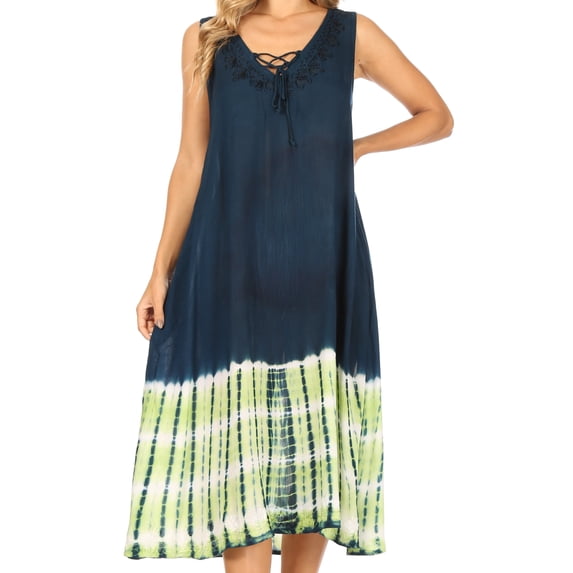 Sakkas Ilaria Women's Midi Sleeveless Casual Loose Flare Print Dress Caftan Pocket - TD42-802-NavyGreen - One Size