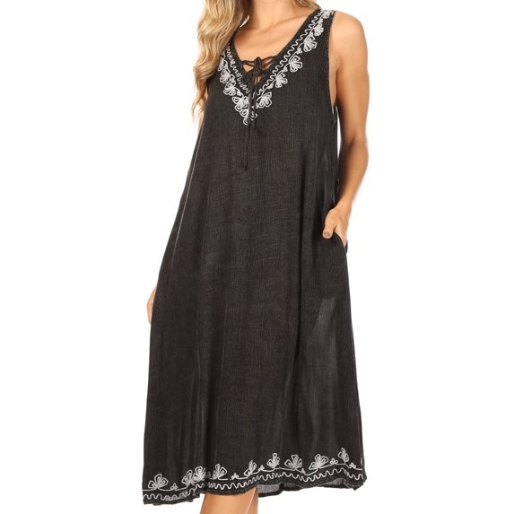Sakkas Ilaria Women's Midi Sleeveless Casual Loose Flare Print Dress Caftan Pocket - TD42-803-Black - One Size