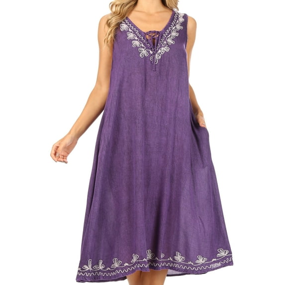 Sakkas Ilaria Women's Midi Sleeveless Casual Loose Flare Print Dress Caftan Pocket - TD42-803-Purple - One Size