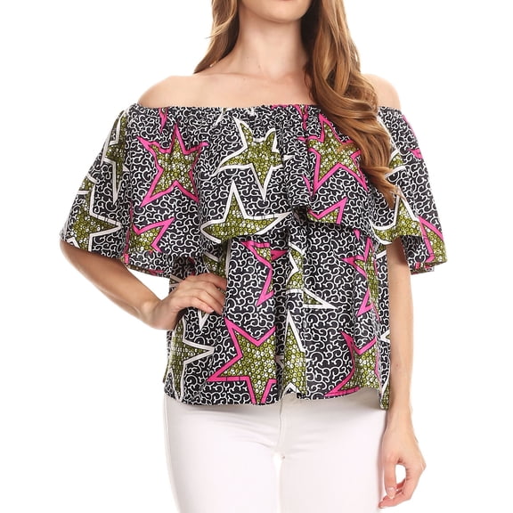 Sakkas Imani Colorful Wax African Ankara Dutch Off-shoulder Blouse Top Gorgeous - Black multi/stars - One Size Regular