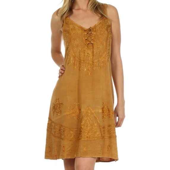 Sakkas Indira Embroidered Rayon Dress - Camel - One Size