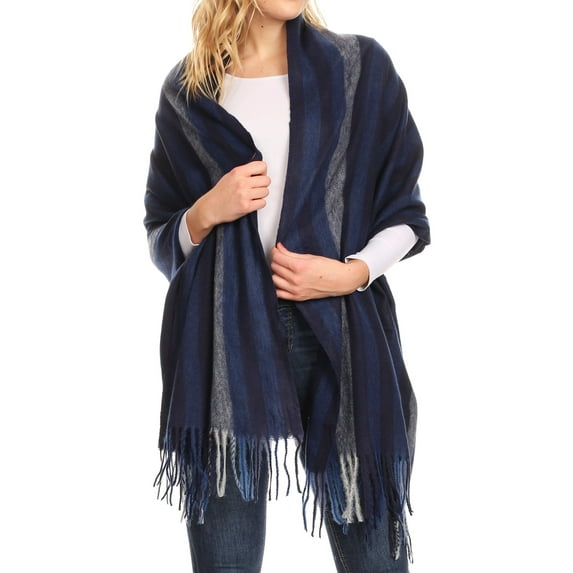 Sakkas Iris Warm Super Soft Cashmere Feel Pashmina Shawl / Scarf with Fringes - Navy / Blue Stripe - One Size Regular