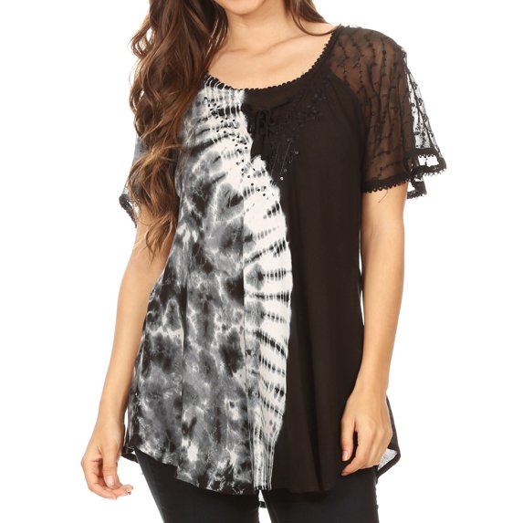 Sakkas Iris Womens Tie-dye Short Sleeve Blouse Top with Corset and Embroidery - Black - One Size