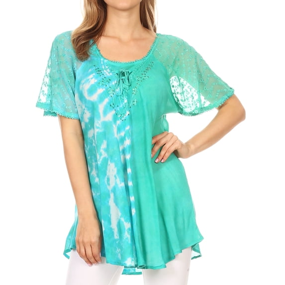 Sakkas Iris Womens Tie-dye Short Sleeve Blouse Top with Corset and Embroidery - SeaGreen - Plus Size
