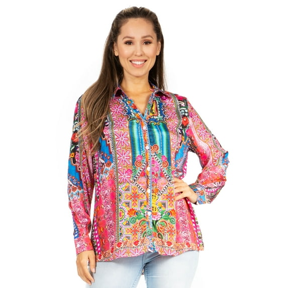 Sakkas Iriss Women's Long Sleeve Button Down Blouse Top Shirt Floral Boho Casual - 572-Pink - L/XL