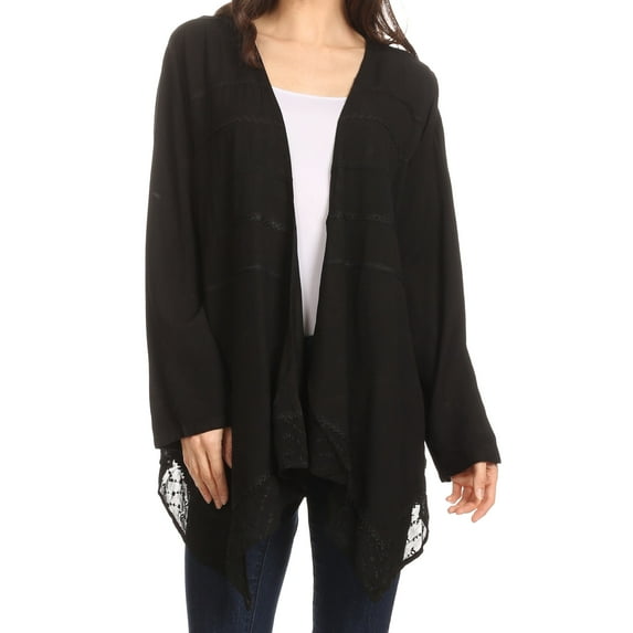 Sakkas Isenia Cardigan Open Front Kimono Long Sleeve Embroidered Top Blouse Lace - Black - One Size Regular