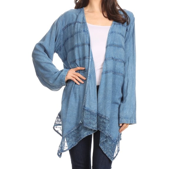 Sakkas Isenia Cardigan Open Front Kimono Long Sleeve Embroidered Top Blouse Lace - Light Blue Denim - One Size Plus