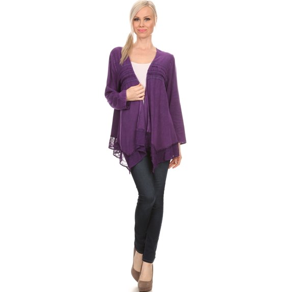Sakkas Isenia Cardigan Open Front Kimono Long Sleeve Embroidered Top Blouse Lace - Purple - One Size Plus