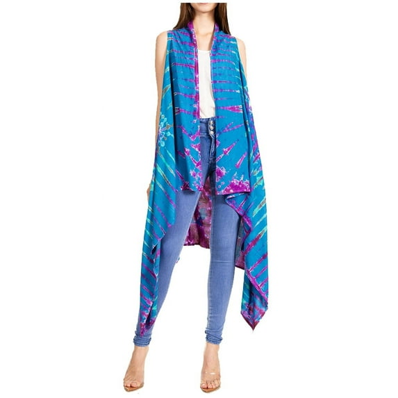 Sakkas Ivana Women's Oversized Draped Open Front Sleeveless Cardigan in Tie Dye - Blue - Plus Size