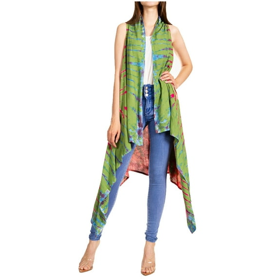 Sakkas Ivana Women's Oversized Draped Open Front Sleeveless Cardigan in Tie Dye - Olive - One Size Regular