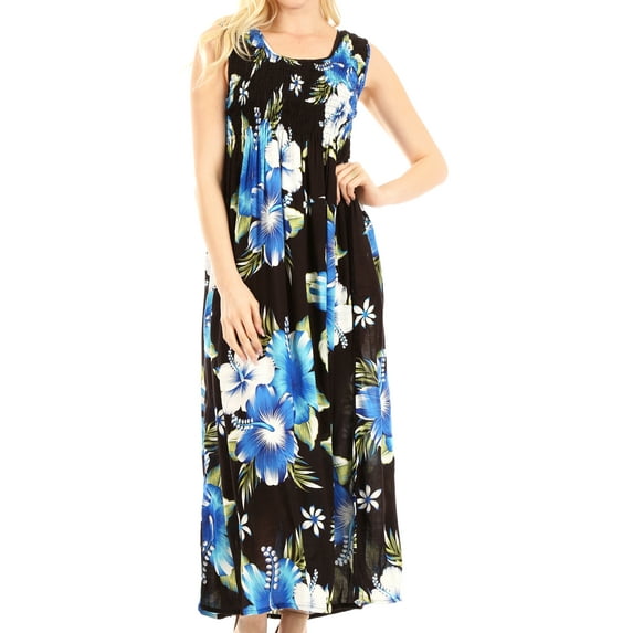 Sakkas Iyabo Women's Sleeveless Casual Summer Floral Print Dress Maxi Long Stretch - B-Blue - One Size