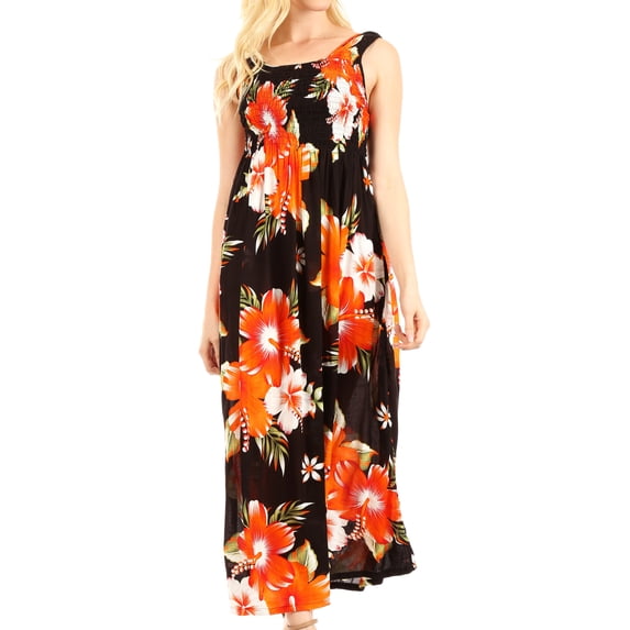 Sakkas Iyabo Women's Sleeveless Casual Summer Floral Print Dress Maxi Long Stretch - B-Orange - One Size