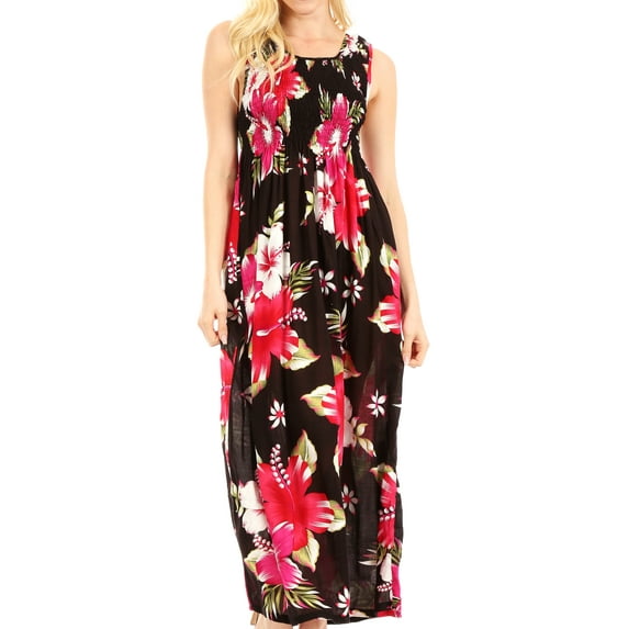 Sakkas Iyabo Women's Sleeveless Casual Summer Floral Print Dress Maxi Long Stretch - B-Pink - One Size